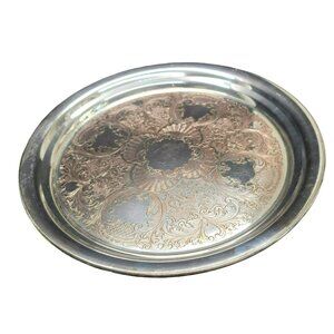 Antique Tray Forbes Silver Plate on Copper Round Floral Etched Platter 13" CR12